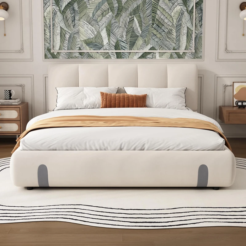 Ball & Cast Upholstered bed, For adults and teenagers, 4ft6 double bed 135×190cm, Durable and Sturdy, Soft headboard, MDF + Velvet + Plywood, White