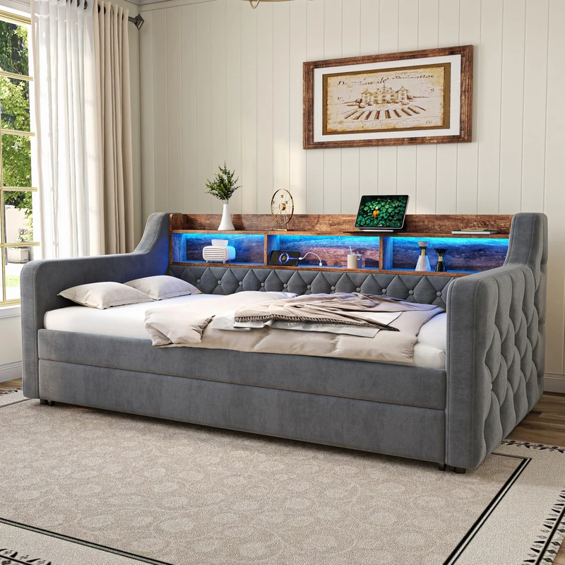 Ball & Cast Upholstered Bed with LED Lighting and Charging Sations, 3ft Single Bed with Shelf and 2 Storage Drawers, Daybed Sofa Beds Guest Beds For Adults & Teenagers, Velvet,Gray,90x190 cm