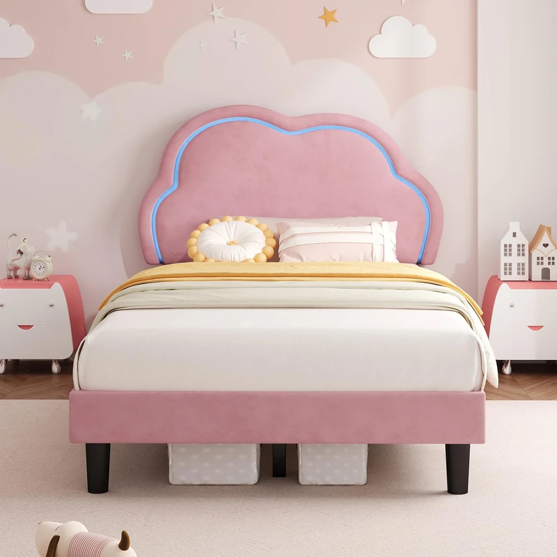 Ball & Cast 3ft Single Upholstered Bed with LED Adjustable Cute Cloud Headboard, Soft Velvet Bed Frame with Solid Wood Slat, No Box Spring Needed, Easy Assembly, Pink (No Mattress)