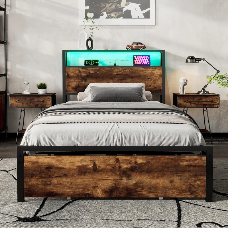 Ball & Cast 5ft King Upholstered Bed Frame with Hydraulic Storage, Linen Ottoman Bed with LED Lighting and Charging Station, USB and Type - C Ports, No Box Spring Needed, Grey (No Mattress)