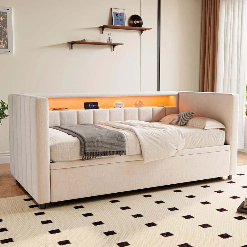 Ball & Cast Multifunctional Sleeper Sofa 90x190 cm with pull-out bed, USB-Type-C port, ambient LED lighting, velvet upholstery & storage – Stylish design for living rooms, Beige