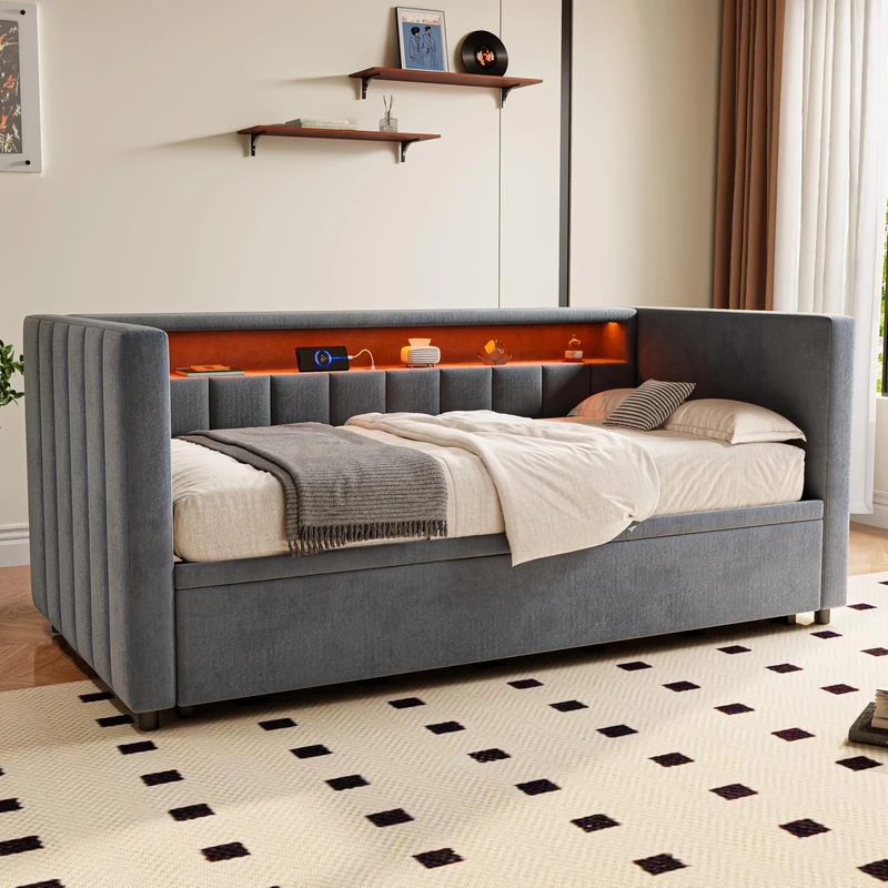 Ball & Cast Multifunctional Sleeper Sofa 90x190 cm with pull-out bed, USB-Type-C port, ambient LED lighting, velvet upholstery & storage – Stylish design for living rooms, Gray