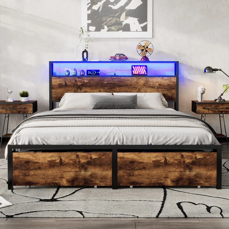 Ball & Cast 4FT6 Double Bed Frame with LED Light Strip and 2 Drawers, 3 USB Port, Multifunctional Metal Bed for Adults and Teenagers, Wrought Iron Bed, Rustic Wood Finish, Black & Walnut, 135x190cm