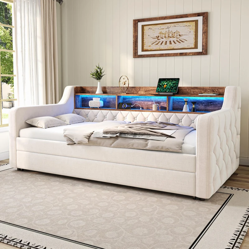 Ball & Cast Upholstered Bed with LED Lighting and Charging Sations, 3ft Single Bed with Shelf and 2 Storage Drawers, Daybed Sofa Beds Guest Beds For Adults & Teenagers, Velvet,Beige, 90x190 cm