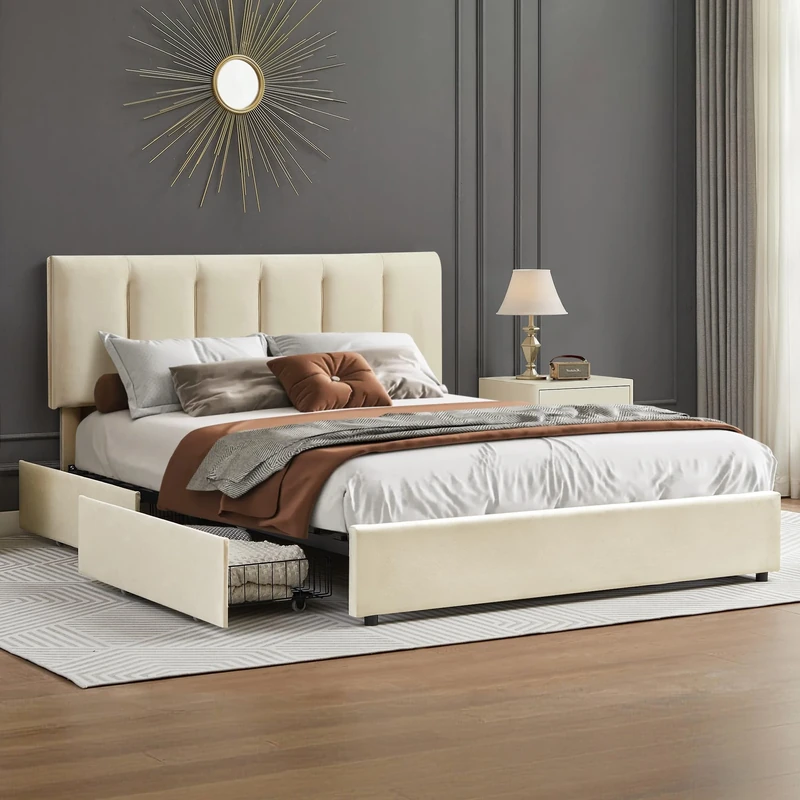VECELO 4ft6 Double Bed Frame with 4 Storage Drawers, 135×190 cm Upholstered Platform with Adjustable Velvet Headboard, Wood Slat Support, No Box Spring Needed