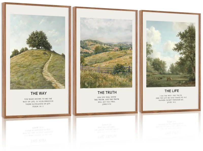 LHIUEM Christian Bible Verse Framed Canvas Wall Art,Vintage Jesus Wall Decor,Religious Scripture Landscape Painting,Natural The Way The Truth Artwork for Living Room,Bedroom,Dining Room -24"x36"x3