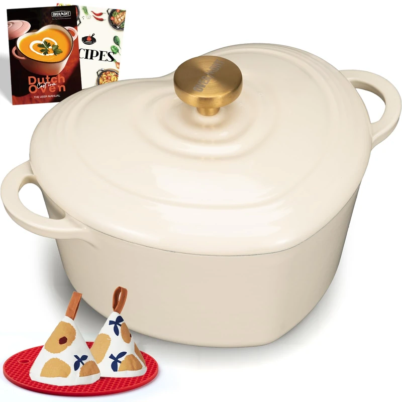 Overmont Enamelled Cast Iron Dutch Oven - Heart-Shaped Casserole Dish with Lid - 2QT Mini Pot, Oven Safe to 500°F for Baking Bread, Soups & Stews - Gift for Wedding Birthday Housewarming, White