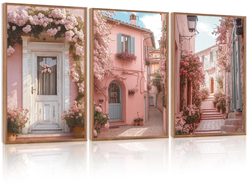 LHIUEM Vintage Italy City Landscape Framed Canvas Wall Art,Pink flowers Street Romantic House Wall Decor,Malta Modern Natural Romance Country Artworks for Living Room,Bedroom,Office-24 X36 X3