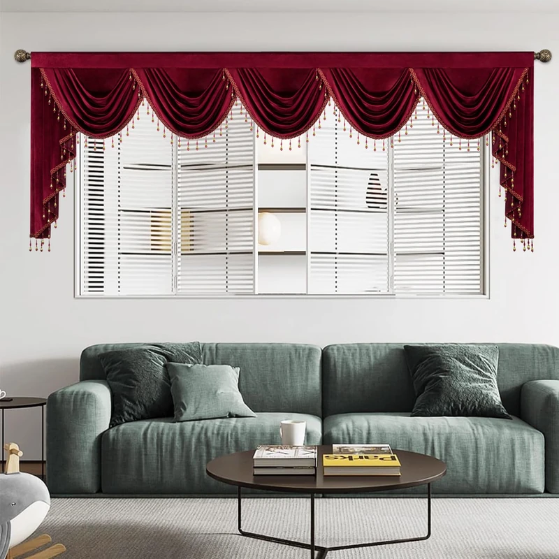 Leeva Red Velvet Waterfall Valance, Extra Wide 138x43 Inches Vintage Swag with Crystal Accents, Vintage Luxury Drapes for Banquet Window Treatments
