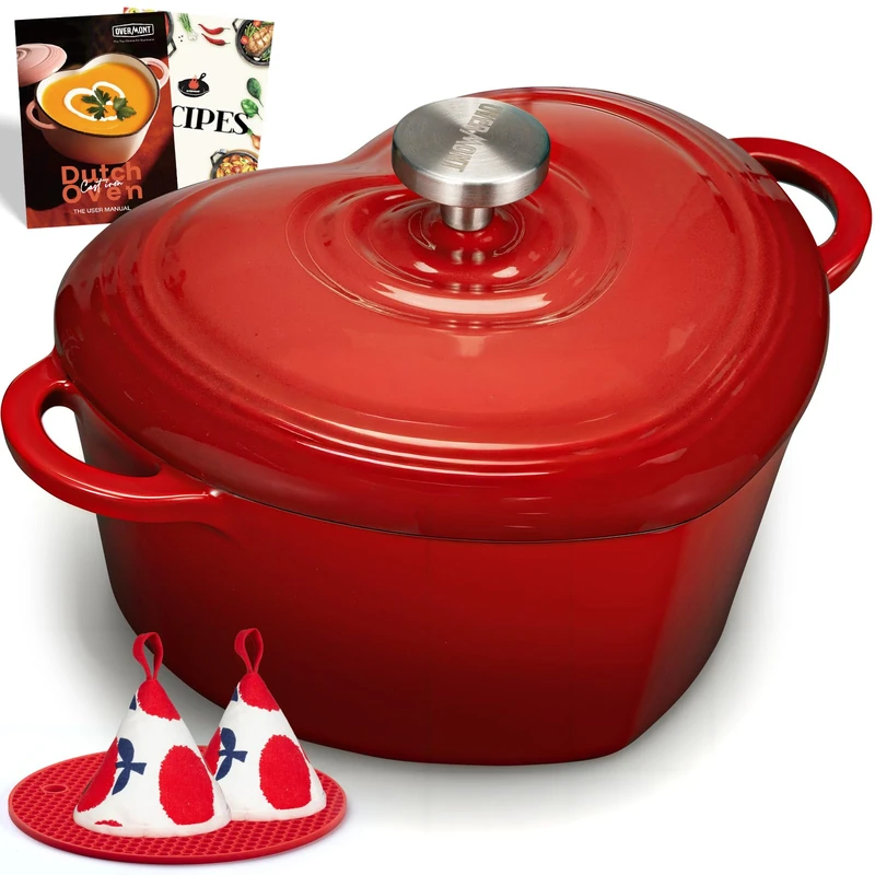 Overmont Enamelled Cast Iron Dutch Oven - Heart-Shaped Casserole Dish with Lid - 2QT Mini Pot, Oven Safe to 500°F for Baking Bread, Soups & Stews - Gift for Wedding Birthday Housewarming, Red