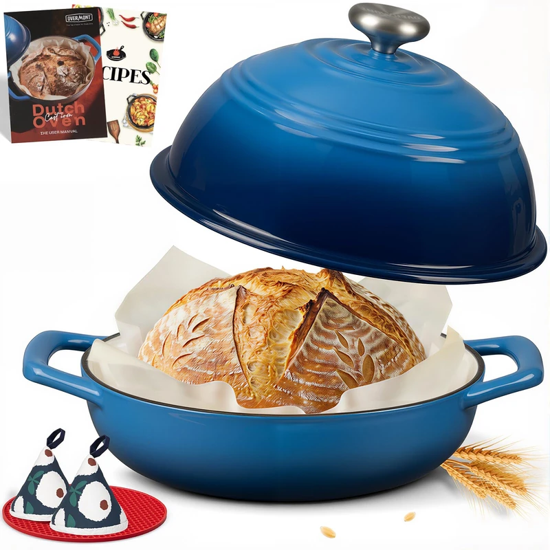 Overmont Enameled Cast Iron Bread Oven - 6QT Dutch Oven for Sourdough Bread Baking - with Dome Lid Cotton Potholders & Cookbook -Multi-Functional Bread Pan For Baking Frying Roasting,Blue