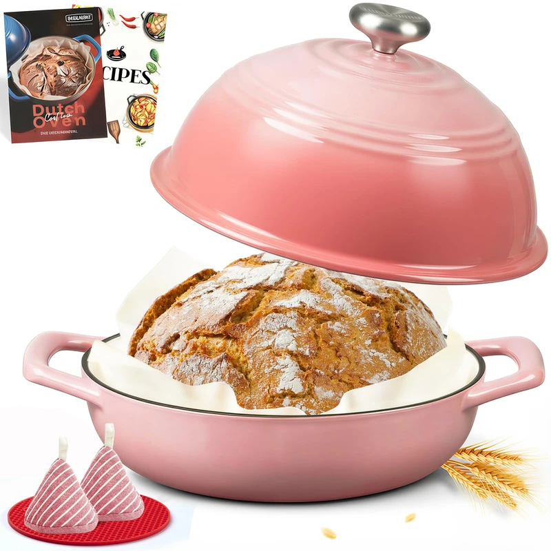 Overmont Enameled Cast Iron Bread Oven - 6QT Dutch Oven for Sourdough Bread Baking - with Dome Lid Cotton Potholders & Cookbook -Multi-Functional Bread Pan For Baking Frying Roasting,Pink