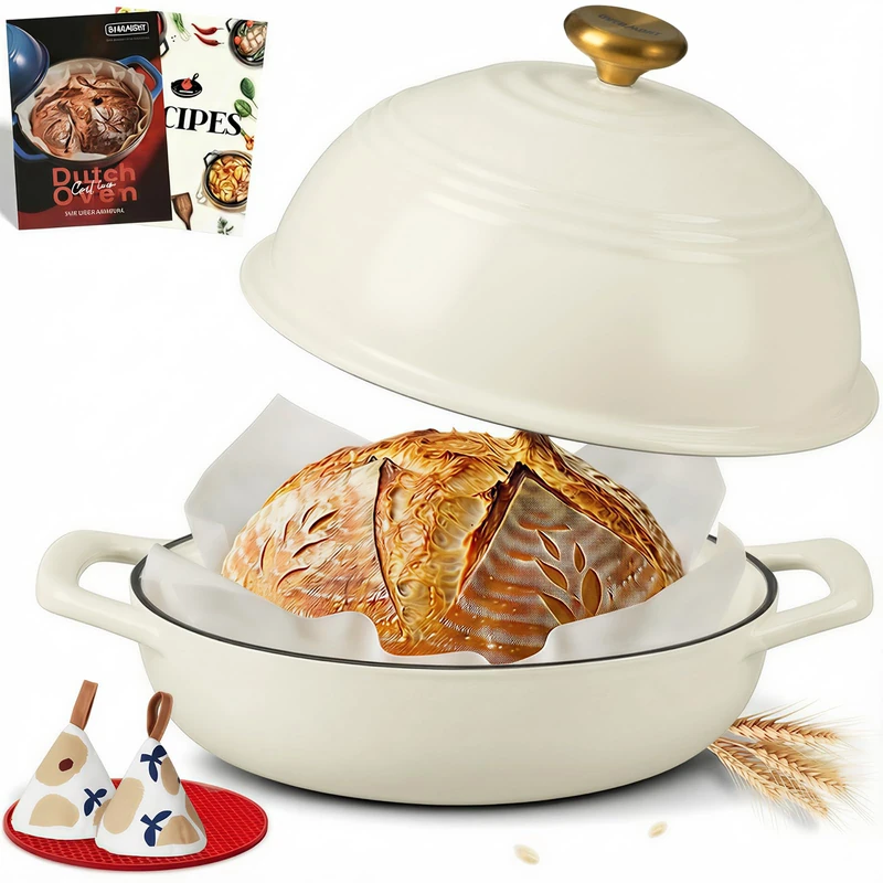Overmont 26cm Enameled Cast Iron Bread Oven - 6QT Dutch Oven Pot for Sourdough Bread Baking – Dome Lid, Cotton Potholders & Cookbook Included, Multi-Functional for Baking,White