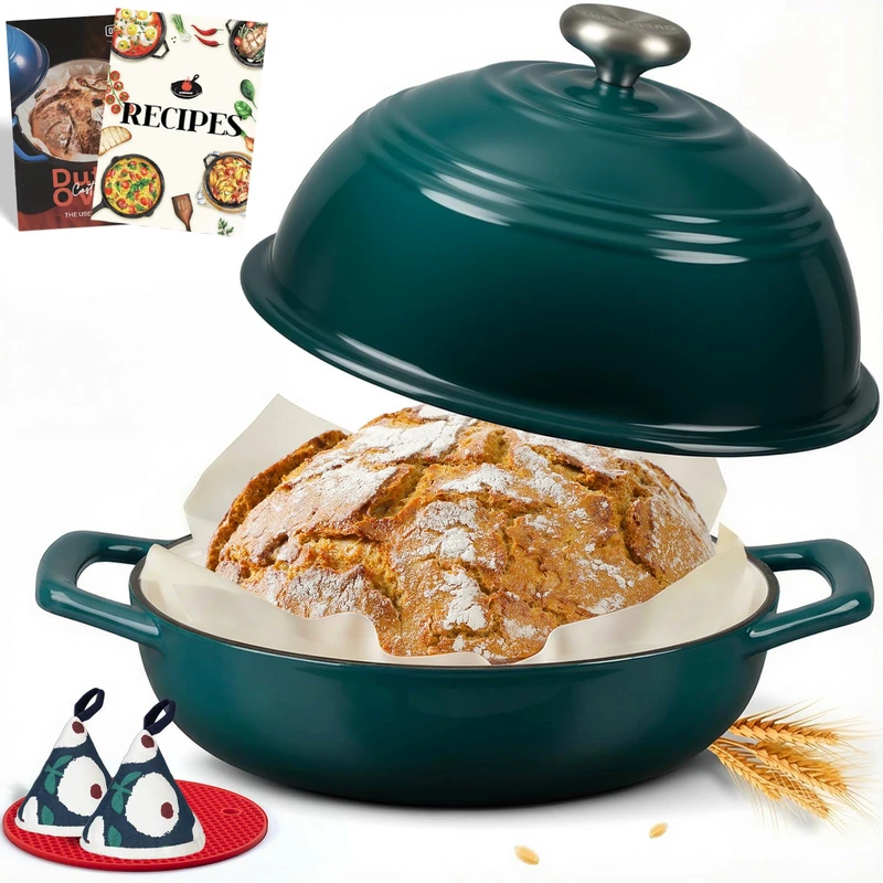 Overmont Enameled Cast Iron Bread Oven - 6QT Dutch Oven for Sourdough Bread Baking - with Dome Lid Cotton Potholders & Cookbook -Multi-Functional Bread Pan For Baking Frying Roasting,Bottle green