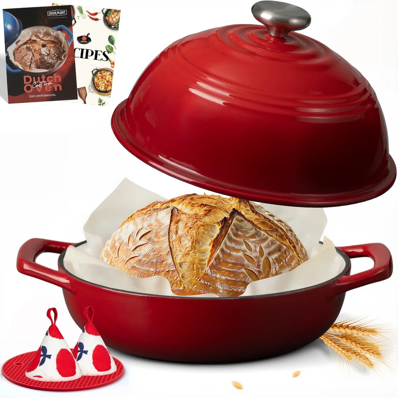 Overmont Enameled Cast Iron Bread Oven - 6QT Dutch Oven for Sourdough Bread Baking - with Dome Lid Cotton Potholders & Cookbook -Multi-Functional Bread Pan For Baking Frying Roasting,Red