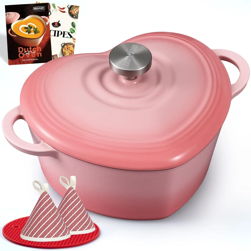 Overmont Enamelled Cast Iron Dutch Oven - Heart-Shaped Casserole Dish with Lid - 2QT Mini Pot, Oven Safe to 500°F for Baking Bread, Soups & Stews - Gift for Wedding Birthday Housewarming, Pink