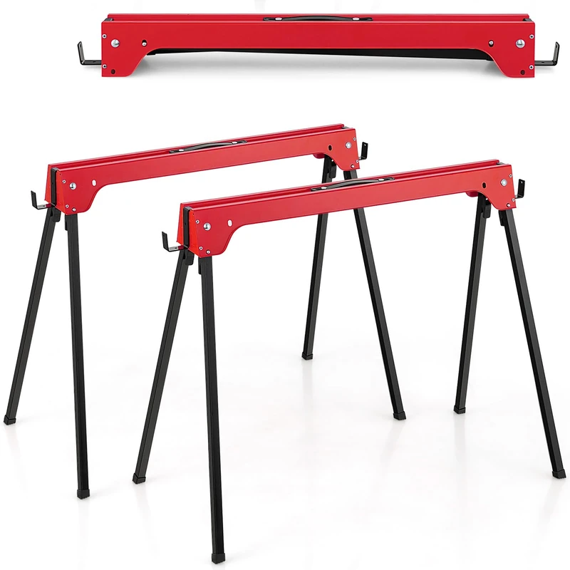 HOMFME Folding Saw Horse Twin Pack, Heavy Duty Metal Work Trestle Stands with Handle and Non-Slip Footpads, Portable Lightweight Workbench Sawhorse Pair, 454 kg Load Capacity (Red)