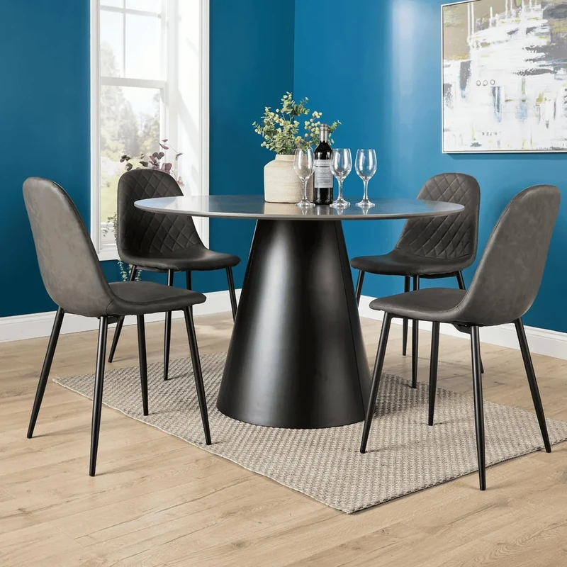 Home Source Round Grey 120cm Dining Table with Mid-Century Scandinavian Chairs – Modern Melamine Top Table & Cushioned Diamond-Pattern Chairs with Black Legs – Seats 4 – Dining Room Set