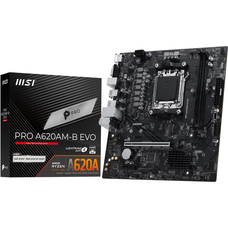 MSI PRO A620AM-B EVO Motherboard, Micro-ATX - Supports AMD Ryzen 9000/8000 / 7000 Processors, AM5 - DDR5 Memory Boost (6800+ MT/s OC), 1 x PCIe 4.0 x16, 1 x M.2 Gen4