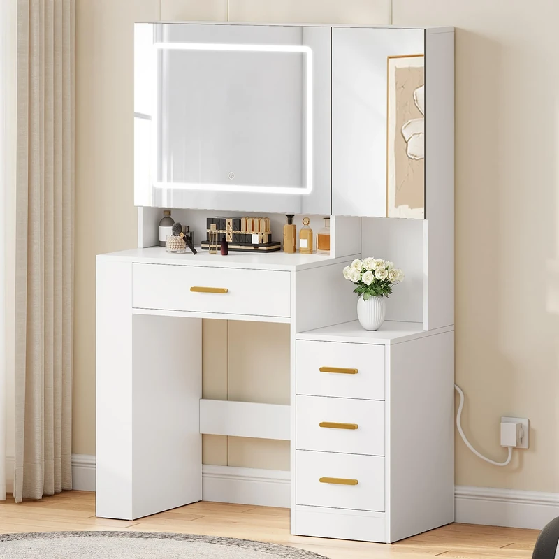 YITAHOME Dressing Table with Dual Mirror & LED Lights, Vanity Table with Drawers & Jewelry Cabinet, Makeup Desk for Bedroom/Apartment/Dressing Area, White, 90 x 40 x 140cm