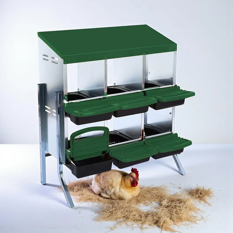 Nicoman Metal Chicken Nesting Box, 6-Compartment, Green, Galvanized Steel, Rust-Resistant, for Poultry Egg Collection