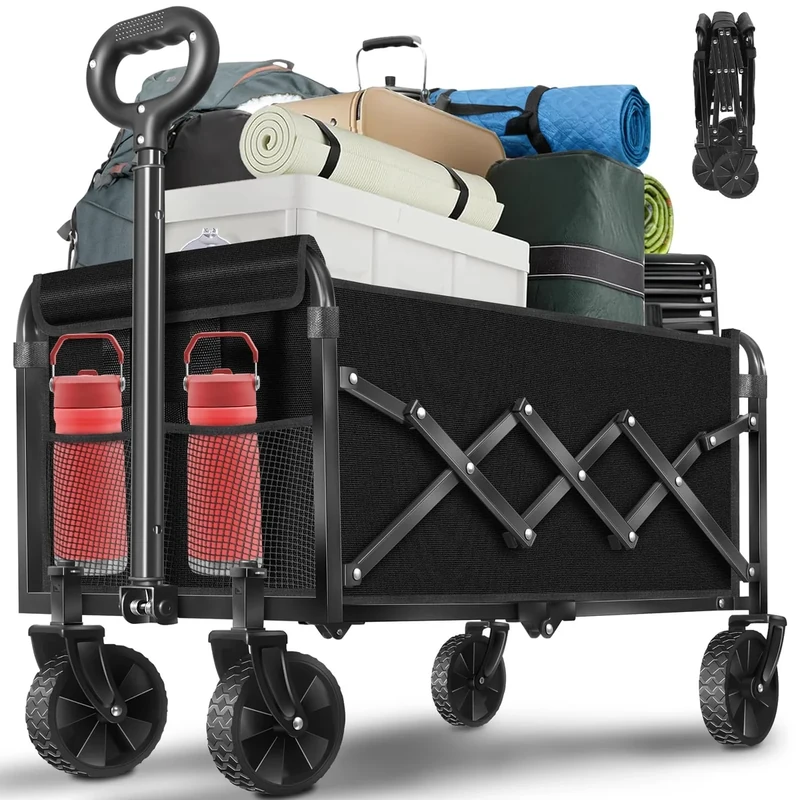 Festival Trolley on Wheels Wagon – Large Volume, Strong Load, 360° All-Terrain Wheels, Adjustable Handle, Sturdy Steel Frame, Waterproof Fabric for Camping, Garden, Beach & Shopping, Black