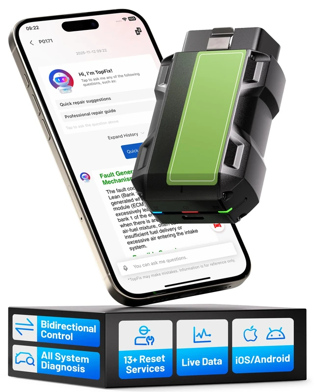 TOPDON TopScan Pro OBD2 Scanner Bluetooth, Active Tests & Full System Scan Tool for iOS/Android, 13+ Resets, TopFix AI Assistant, Enhanced Version of TopScan Lite (Green)