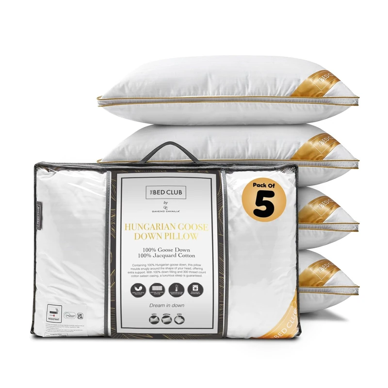 GC GAVENO CAVAILIA Hungarian Goose Down Pillow | Hypoallergenic Medium Neck Support Firm Pillow for Front & Back Side Sleeping With 100% Cotton Cover Bed | Pack of 5, 48x74 Cm