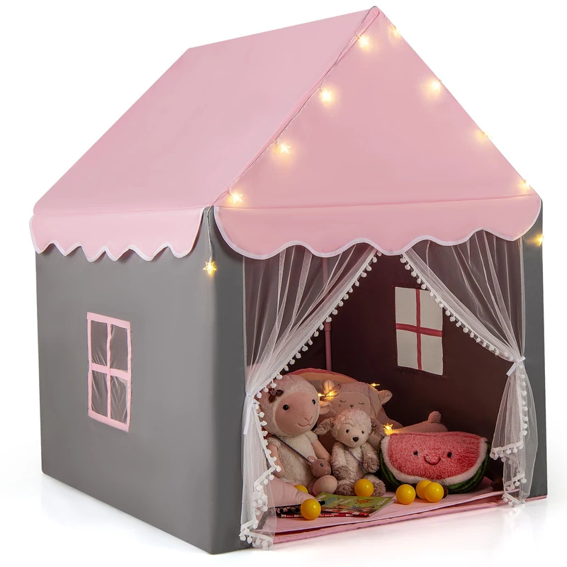 GYMAX Kids Tent, Fairy Play Castle (Pink with Yellow Lights)