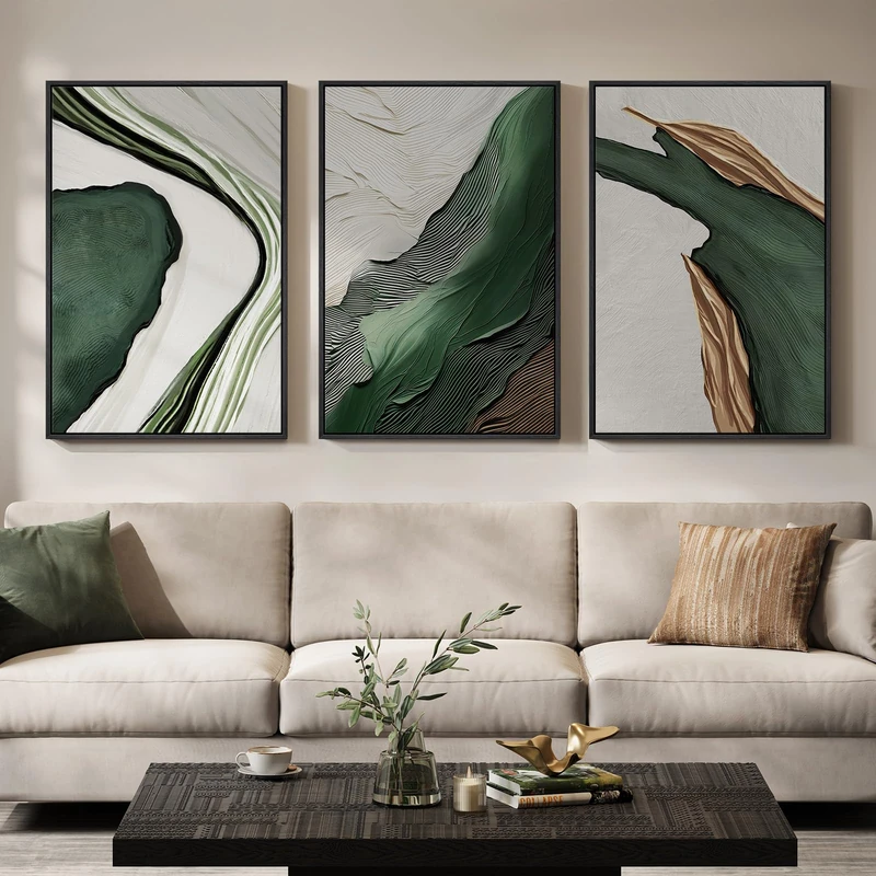 Large Framed Modern Abstract Wall Art for Living Room, 3 Piece Canvas Prints Paintings Artwork for Walls, Minimalist Green and White Pictures for Hallway Dining Bedroom Home Office Wall Decor 24x36 In