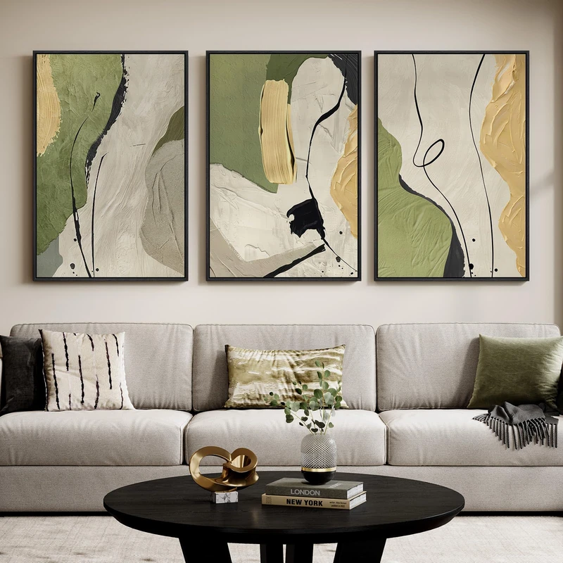 Large Framed Abstract Wall Art for Living Room, 3 Piece Modern Canvas Prints Paintings, Minimalist Green Beige Yellow Color Block Pictures for Hallway Dining Room Bedroom Office Wall Decor 24x36 In