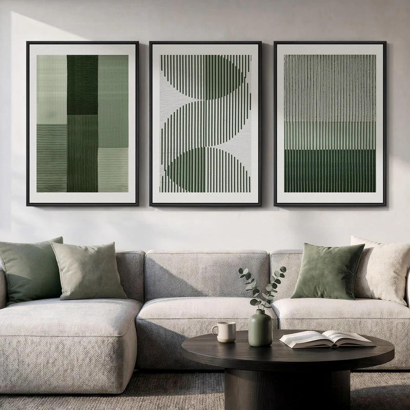 Large Framed Green Abstract Wall Art for Living Room, 3 Piece Modern Canvas Prints Paintings Artwork for Walls, Minimalist Sage Green Geometric Pictures Wall Decor for Hallway Dining Bedroom 24x36 In
