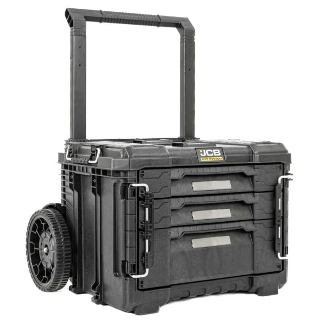 JCB Site System 3-Drawer Rolling Tool Box – Modular Stackable Tool Storage with 9" Wheels, 26.4L Capacity & 15kg Load Rating – Heavy-Duty Mobile Toolbox