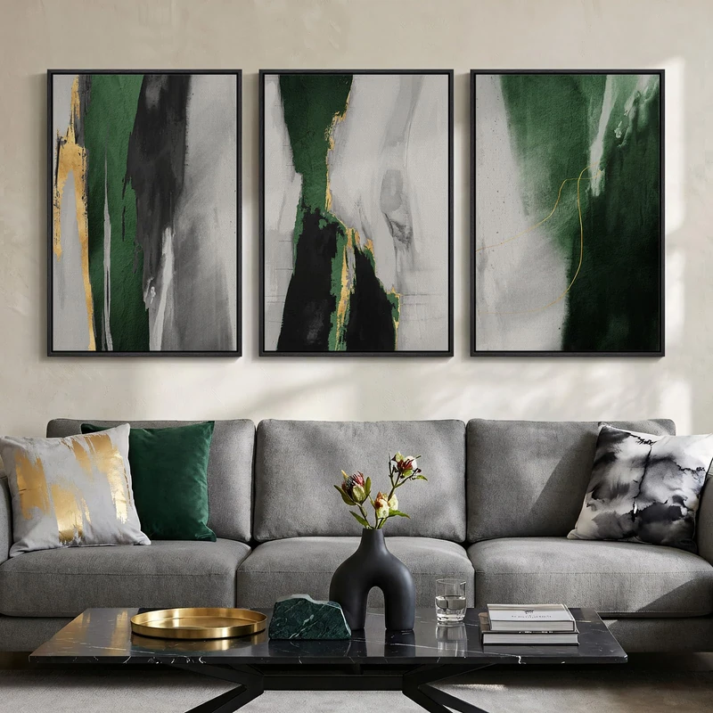 Large Framed Green Abstract Wall Art for Living Room, 3 Piece Modern Canvas Prints Paintings Artwork for Walls, Green Black Gold Abstract Pictures for Hallway Dining Bedroom Office Wall Decor 24x36 In