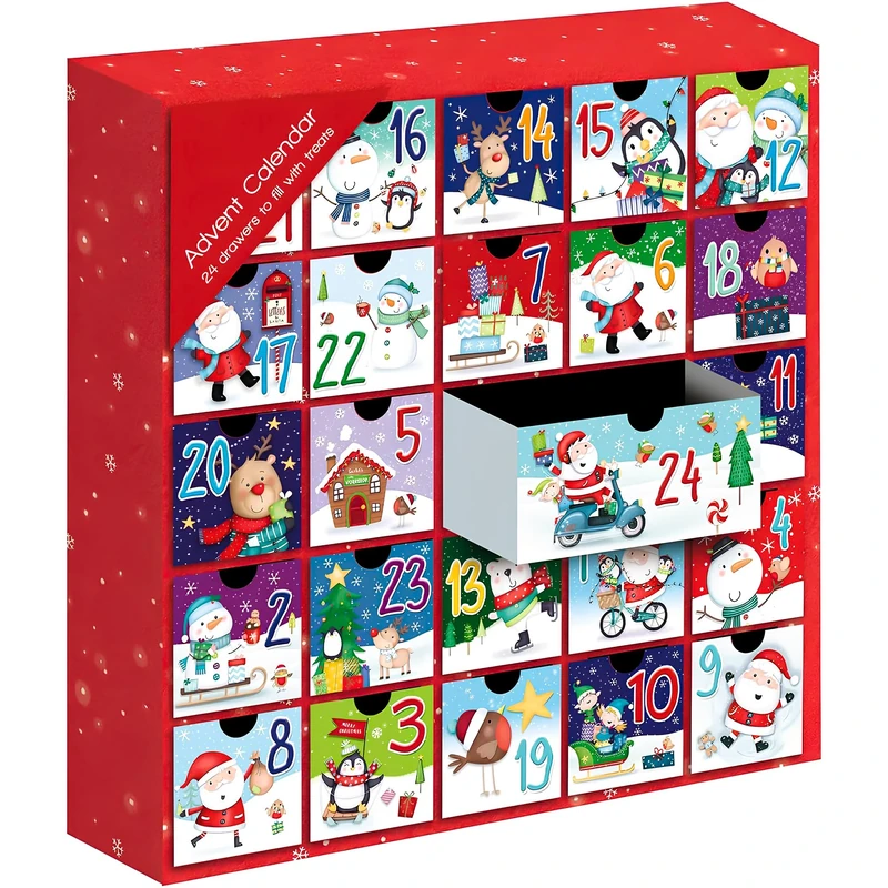 ANGIX Christmas Fill Your Own Advent Calendar 24 Draws Gifts Xmas Countdown Box for Kids & Adults - Large Day 24 Drawer, Multicolour Illustrations, Refillable Xmas Treat Box for Sweets, Toys & Gifts