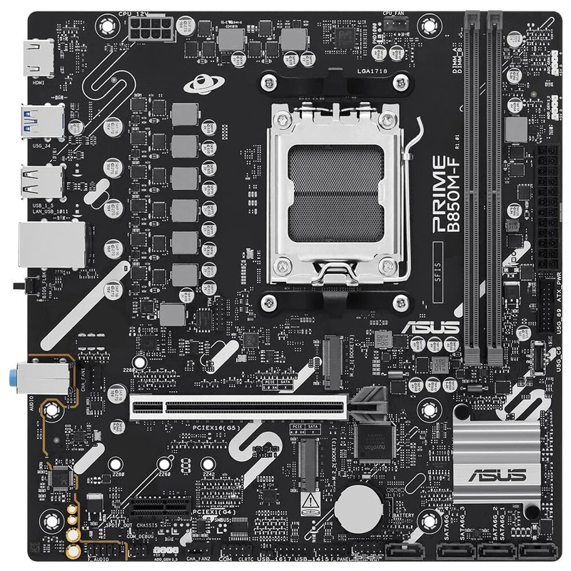 ASUS PRIME B850M-F Motherboard, AM5 Socket, 2 x DDR5 RAM, PCIe 5.0, 2 x M.2 Slot, HDMI, AMD AURA SYNC RGB Lighting - Image 1