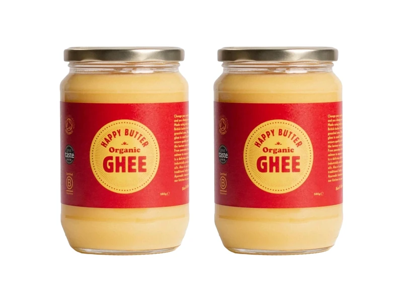Happy Butter | Organic Ghee 580g – Grass-Fed British Clarified Butter | Lactose & Casein Free | Rich in Vitamins A,D,E & K | Award-Winning Organic Ghee for Cooking, Baking | (Pack of 2)
