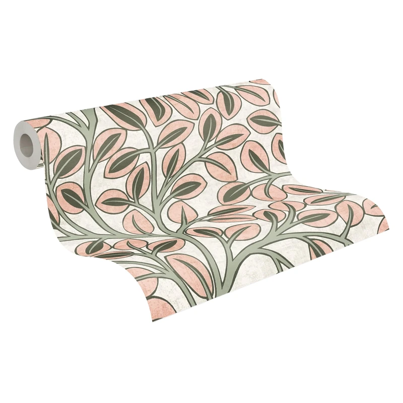 A.S. Création Non-Woven Wallpaper with Leaves in Grey, Green, Pink – Floral Scandinavian Wallpaper 10,05 m x 0,53 m Green – 791502 - Image 1