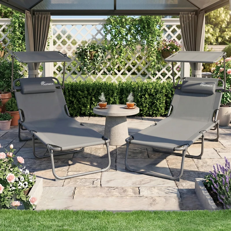 SUNMER Padded Extra Wide Sun Loungers with Adjustable Backrest and Shade Roof Canopy - Set of 2 Deluxe Garden Day Bed - 5 Position Reclining Folding Outdoor Sunbeds for Pool, Patio, Beach and Garden