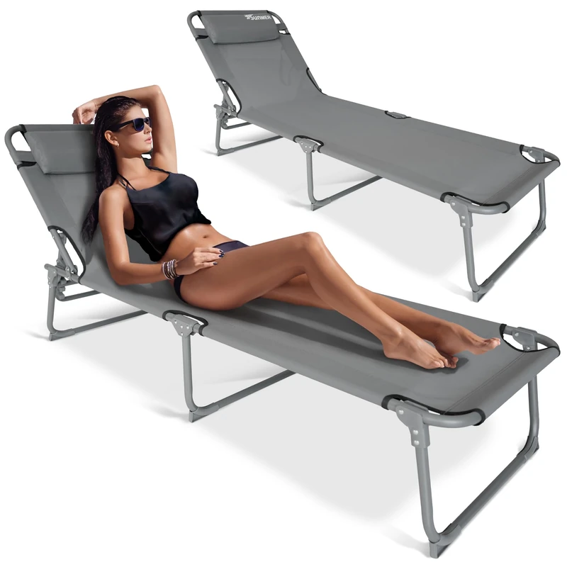 SUNMER Sun Loungers with Face Hole Tanning Sunbed - Set of 2 Deluxe Tanning Sun bed - 5 Position Adjustable Backrest, Heavy Duty Folding, Outdoor Day Bed for Garden & Pool