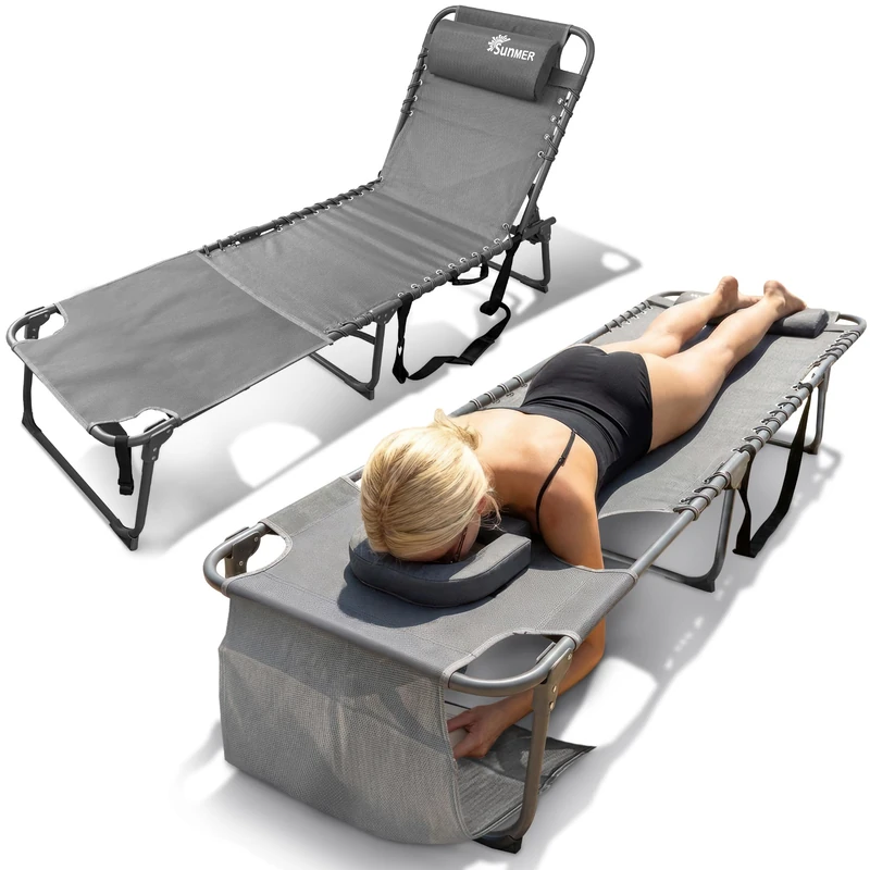 SUNMER Sun Loungers with Face Hole Tanning Sunbed - Set of 2 Deluxe Tanning Sun bed - 5 Position Adjustable Backrest, Heavy Duty Folding, Outdoor Day Bed for Garden & Pool
