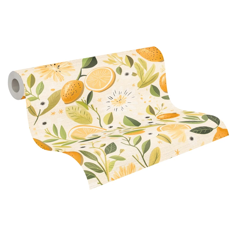 A.S. Création Non-Woven Wallpaper with Lemons in Cream, Yellow, Green, White – Floral Wallpaper 10,05 m x 0,53 m Yellow – 791692 - Image 1