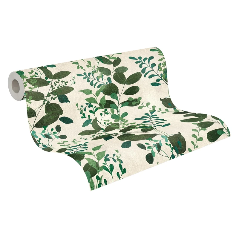 A.S. Création Non-Woven Wallpaper with Leaves in Grey, White, Green – Textured Floral Wallpaper 10,05 m x 0,53 m White – 791868