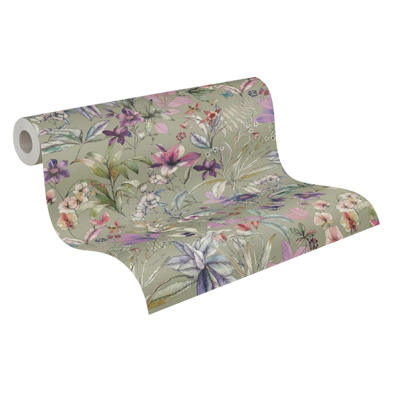A.S. Création Non-Woven Wallpaper with Floral Motif in Green, Purple, White, Grey – Textured Floral Wallpaper 10,05 m x 0,53 m Purple – 791873