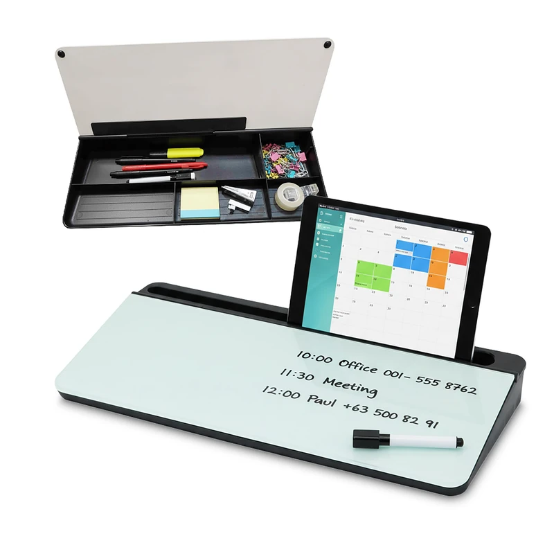 Relaxdays Desk Organiser with Whiteboard, 5 Compartments, Plastic, Glass, HWD: 5.5x40x18 cm, Office Organizer, Black