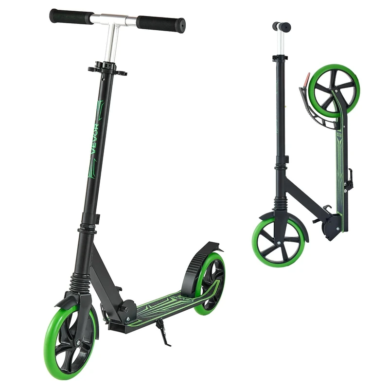 VEVOR Kick Scooter for Kids Ages 8+, Teens & Adults, 2-Wheel Toddler Scooter with Adjustable Height Handlebar, Wide Anti-Slip Deck, Foldable Lightweight for Boys & Girls up to 220 lbs, Black + Green