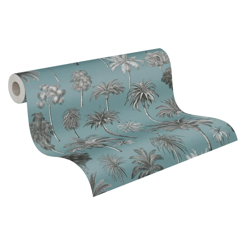 A.S. Création Non-Woven Wallpaper with Palm Leaves in Blue, Grey, Black – Exotic Jungle Wallpaper 10,05 m x 0,53 m Grey – 791714 - Image 1