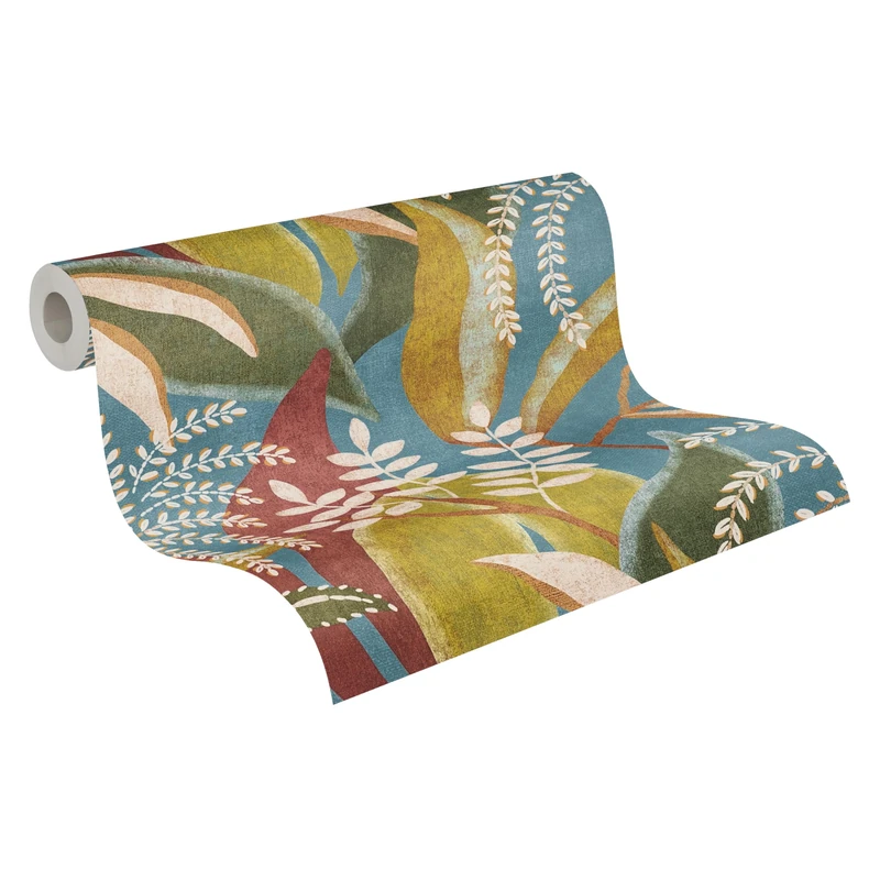 A.S. Création Non-Woven Wallpaper with Leaves in Blue, Red, Green, White – Exotic Jungle Wallpaper 10,05 m x 0,53 m Red – 791863