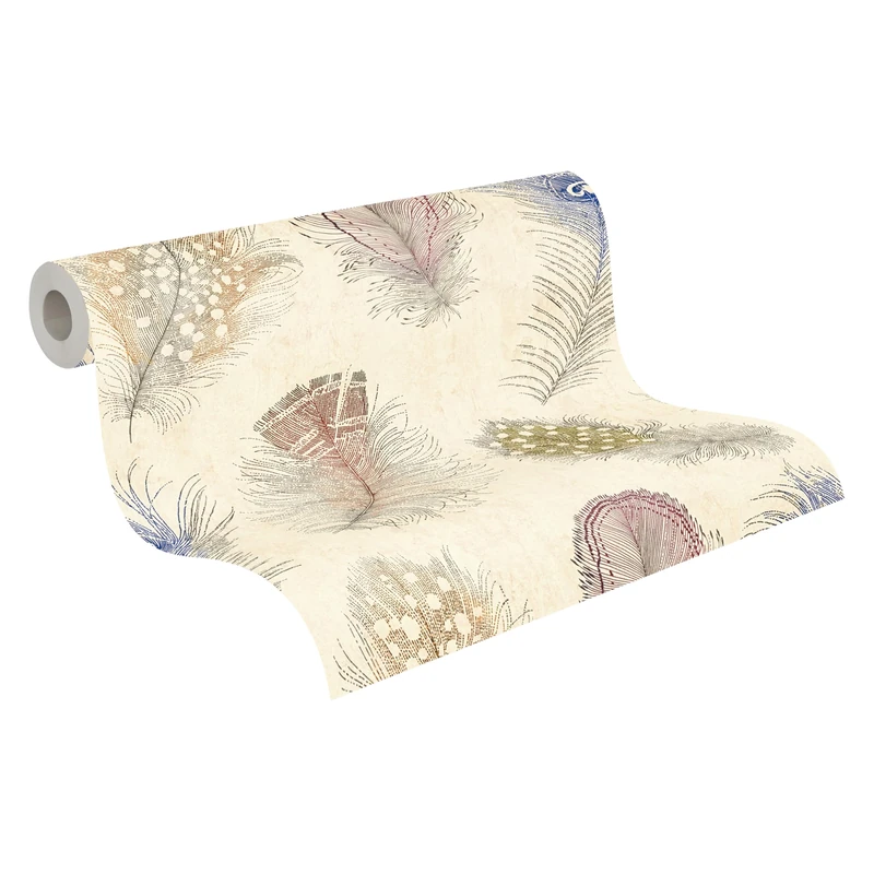 A.S. Création Non-Woven Wallpaper with Featheres in Cream, Red, Yellow, Grey, Blue – Designer Wallpaper in Natural Look 10,05 m x 0,53 m Red – 791866