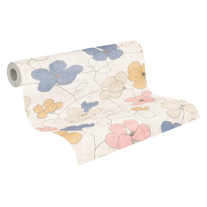 A.S. Création Non-Woven Wallpaper with Blossoms in Grey, Yellow, Pink, Blue, Beige – Textured Floral Wallpaper 10,05 m x 0,53 m Yellow – 791472